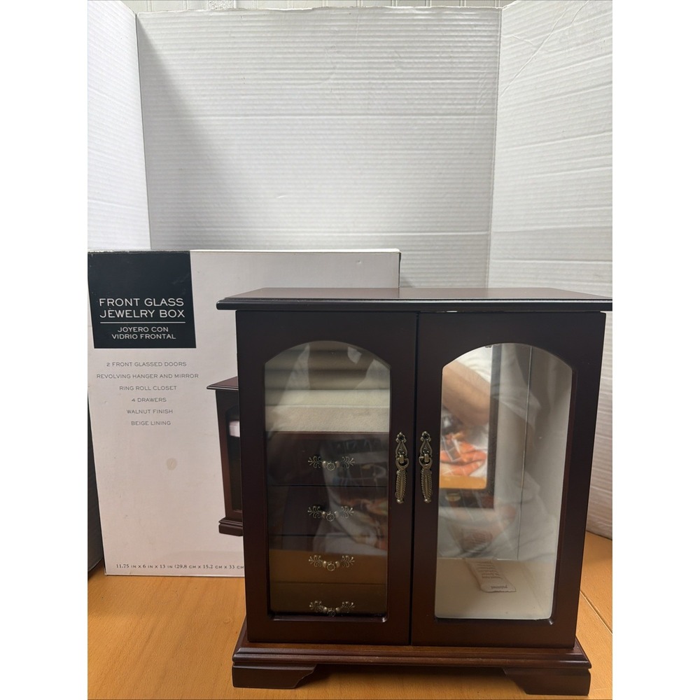 FRONT GLASS JEWELRY BOX-RING ROLL CLOSET, 4 DRAWERS, REVOLVING HANGER,MIRROR NEW
